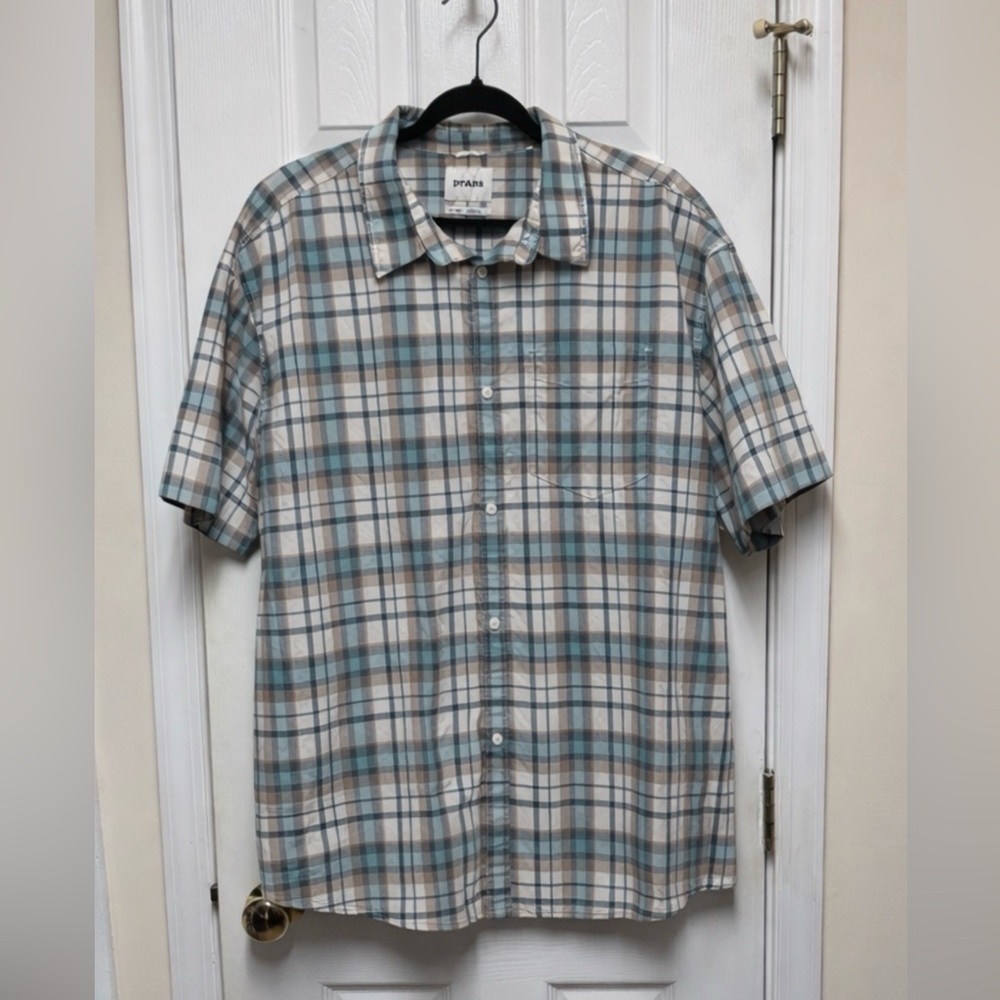 Prana Blue and Brown Plaid Button Down Short Sleeve Shirt XXL